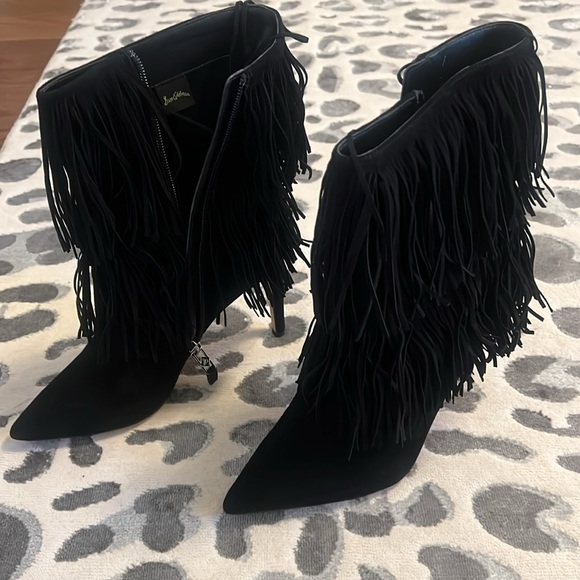 Black Suede Fringe Sam Edelman Booties - Picture 3 of 7